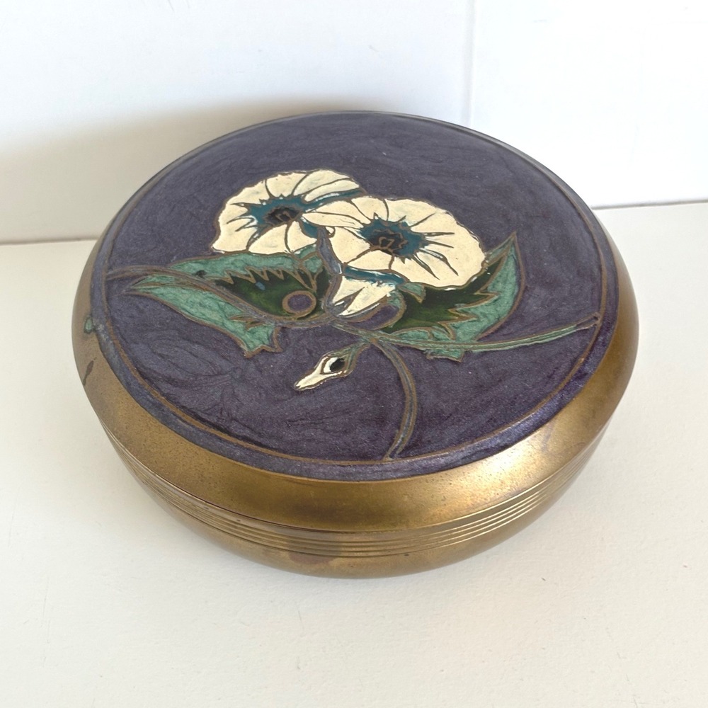 Vintage Brass Enamel Trinket Box Floral Morning Glory Purple Gold